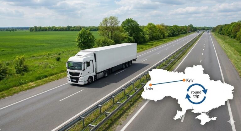 Вантажівка їде по трасі, карта маршруту доставки вантажів між містами України